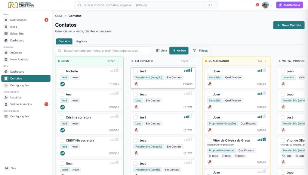 CRM com kanban de contatos